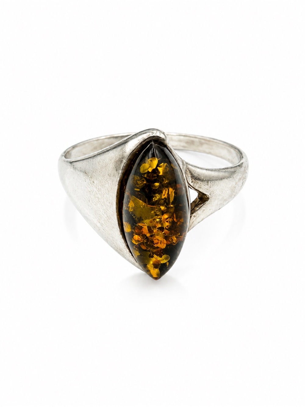 Sterling Silver Golden Leaf Amber Ring — Size 9.5